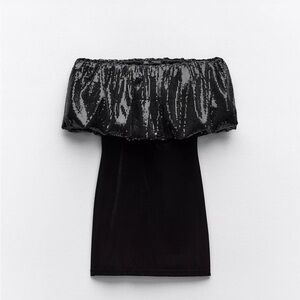 Zara Black Sequin and Velvet Off The Shoulder Mini Dress